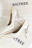 Silver Satin Stiletto Heel Closed Toe Pumps With Rhinestone shoes