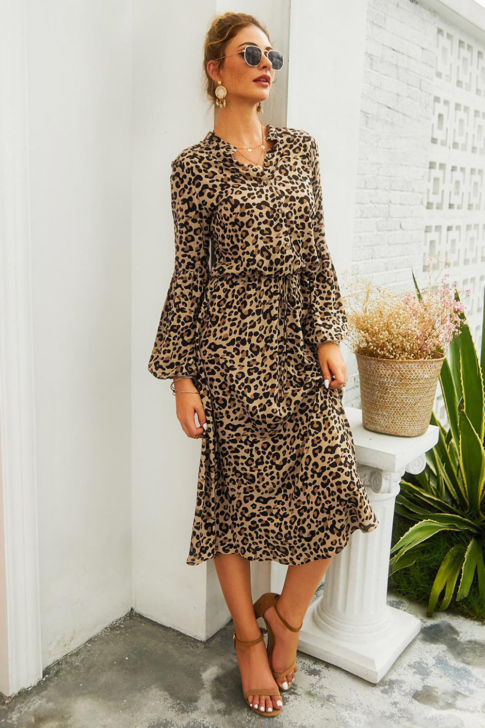 Brown Leopard Printed Casual Dress with Long Sleeves