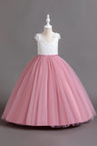 Pink Sleeves V Neck Tulle Long Flower Girl Dress