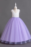 Pink Sleeves V Neck Tulle Long Flower Girl Dress