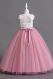 Pink Sleeves V Neck Tulle Long Flower Girl Dress