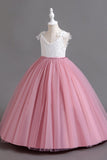 Pink Sleeves V Neck Tulle Long Flower Girl Dress