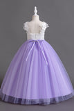 Pink Sleeves V Neck Tulle Long Flower Girl Dress