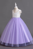 Pink Sleeves V Neck Tulle Long Flower Girl Dress