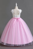 Pink Sleeves V Neck Tulle Long Flower Girl Dress