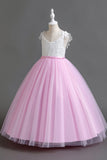 Pink Sleeves V Neck Tulle Long Flower Girl Dress