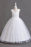 Pink Sleeves V Neck Tulle Long Flower Girl Dress