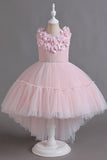 Pink Sleeveless Round Neck Tulle Flower Girl Dress with Appliques