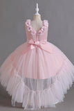 Pink Sleeveless Round Neck Tulle Flower Girl Dress with Appliques