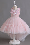 Pink Sleeveless Round Neck Tulle Flower Girl Dress with Appliques