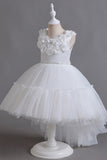 Pink Sleeveless Round Neck Tulle Flower Girl Dress with Appliques