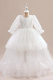 White Long Sleeves Long Tulle Flower Girl Dress