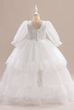 White Long Sleeves Long Tulle Flower Girl Dress