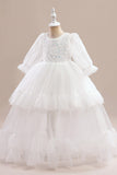 White Long Sleeves Long Tulle Flower Girl Dress