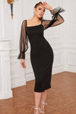 Black Square Neck Midi Bodycon Holiday Party Dress with Long Sleeves
