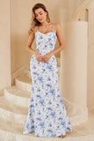 Blue Sheath Spaghetti Straps Long Floral Boho Bridesmaid Dress