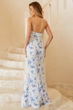 Blue Sheath Spaghetti Straps Long Floral Boho Bridesmaid Dress