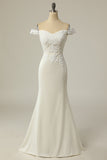 White Mermaid Off the Shoulder Floor-Length Wedding Dress With Appliques