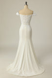 White Mermaid Off the Shoulder Floor-Length Wedding Dress With Appliques