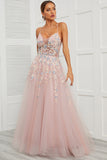 Pink A-Line Spaghetti Straps Tulle Prom Dress with Appliques