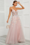Pink A-Line Spaghetti Straps Tulle Prom Dress with Appliques
