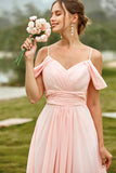 Blush A Line Off The Shoulder Long Bridesmaid Dress With Ruffles
