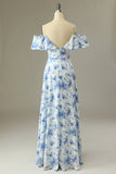 Blue A Line Off the Shoulder Floral Print Long Bridesmaid Dress