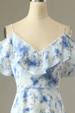 Blue A Line Off the Shoulder Floral Print Long Bridesmaid Dress