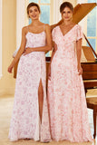 Blush A Line V Neck Floor Length Flower Print Bridesmaid Dress