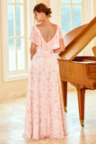 Blush A Line V Neck Floor Length Flower Print Bridesmaid Dress