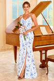 Blue Sheath Spaghetti Straps Floral Print Long Bridesmaid Dress with Split Front