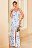 Blue Sheath Spaghetti Straps Floral Print Long Bridesmaid Dress with Split Front