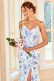 Blue Sheath Spaghetti Straps Floral Print Long Bridesmaid Dress with Split Front
