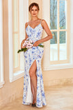 Blue Sheath Spaghetti Straps Floral Print Long Bridesmaid Dress with Split Front