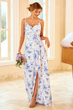 Blue Sheath/Column Spaghetti Straps Floral Print Bridesmaid Dress