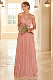 Grey Pink A Line Spaghetti Straps Long Bridesmaid Dress With Ruffles
