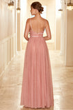Grey Pink A Line Spaghetti Straps Long Bridesmaid Dress With Ruffles