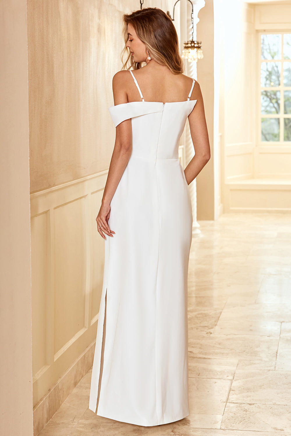 White Sheath Spaghetti Straps Satin Long Floor-Length Wedding Dress With Slit