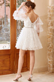 White A Line Spaghetti Straps V Neck  Knee-Length Wedding Dress