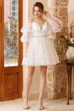 White A Line Spaghetti Straps V Neck  Knee-Length Wedding Dress