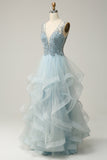 Light Blue A Line Deep V Neck Long Prom Dress with Appliques