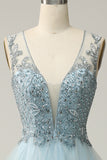 Light Blue A Line Deep V Neck Long Prom Dress with Appliques