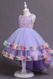 Pink High Low Boat Neck Tulle Flower Girl Dress Wedding Party Dress