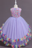 Pink High Low Boat Neck Tulle Flower Girl Dress Wedding Party Dress