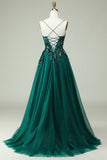 Dark Green A Line Spaghetti Straps Corset Prom Dress with Appliques