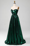 Glitter Dark Green A-Line Sweetheart Corset Metallic Long Prom Dress