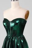 Glitter Dark Green A-Line Sweetheart Corset Metallic Long Prom Dress