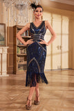 Sparkly Blue Fringed Sequins Flapper Dress with Beading