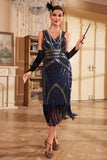 Sparkly Blue Fringed Sequins Flapper Dress with Beading