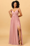 Blush Long Chiffon Bridesmaid Dress with Slit